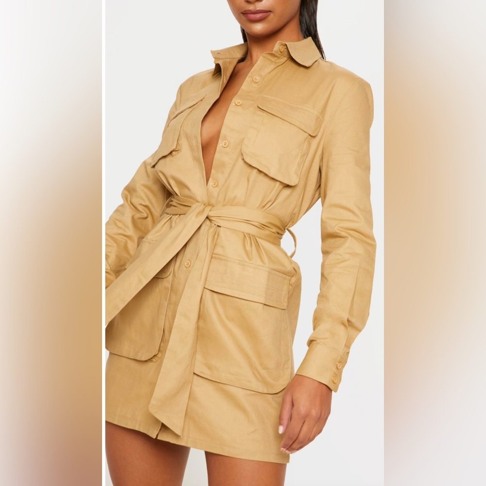 PrettyLittleThing- Camel Utility Tie Waist Shirt Dress